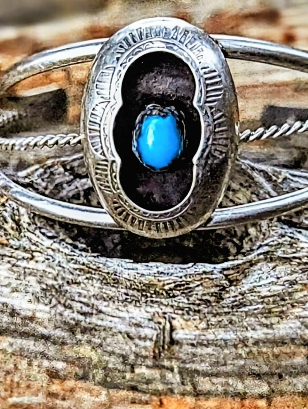 Vintage Navajo Shadowbox Stamped Sterling Silver 925 & Turquoise Three Bar cuff.